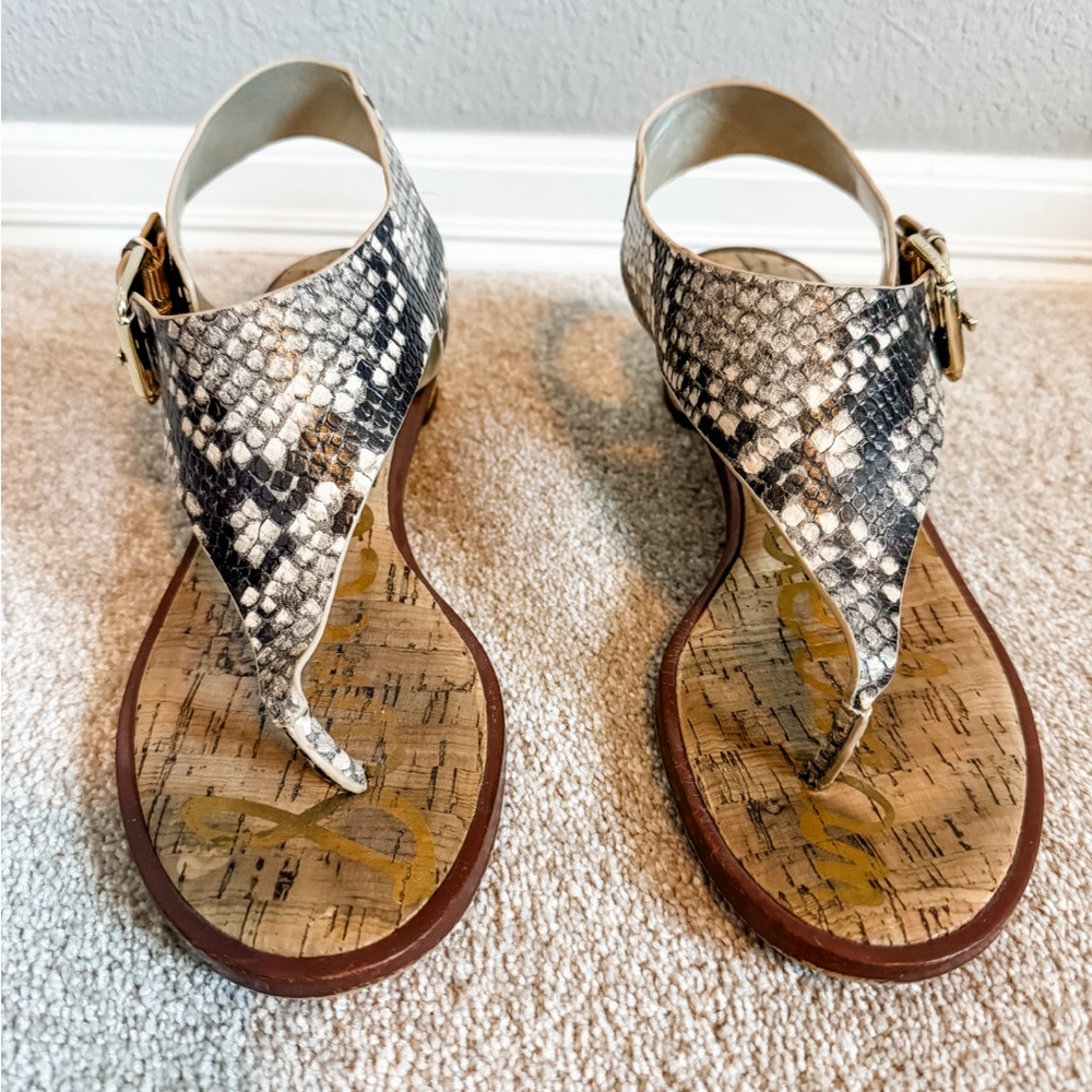 Same Edelman Snakeskin Pattern sandal with gold block heel and hardware